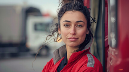 Portrait of delivery woman  in front of her van.  - Powered by Adobe