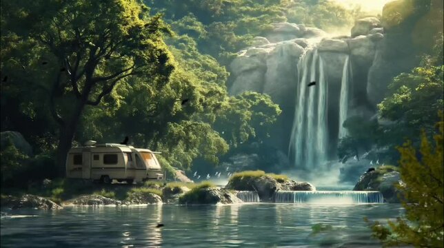 Waterfall in the forest with camping car. Seamless looping time-lapse 4k video animation background