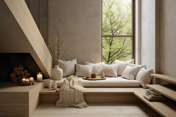 Cozy Scandinavian interior with beige stairs and a tranquil window nook for relaxation.
