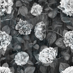 Vintage gothic hydrangea floral black abstract watercolor pattern seamless repeating background in dark academia monochrome colors