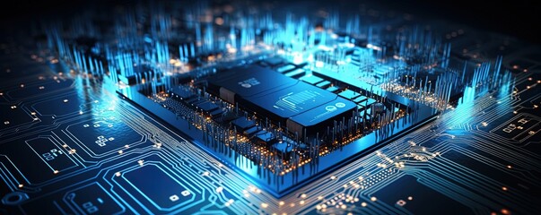 Fototapeta premium IT. Information technology concept. Motherboard integrated circuit and tech icons illustrtion. Futuristic bakground