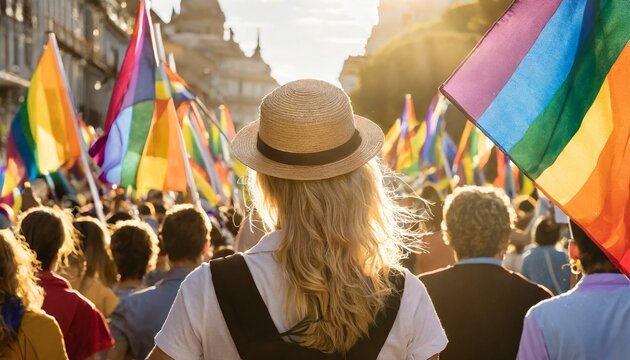 LGBTQ+ rights march; people carrying banners and flags
