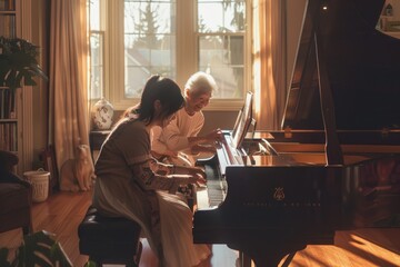 Intergenerational joy with music: Young adult teaching elderly parent to play piano at home - Family traditions and learning - AI generated - obrazy, fototapety, plakaty
