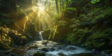A stream winds its way through a dense, vibrant green forest filled with lush foliage and towering trees.