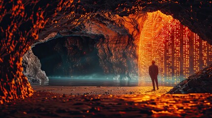 Conceptual illustration of photorealism, a man in a digital cave with a superimposed golden computer grid, firelight, background for a commercial presentation 1 - obrazy, fototapety, plakaty