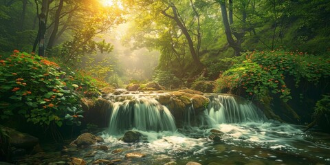 A stream cuts through a dense, vibrant green forest, surrounded by towering trees and lush...