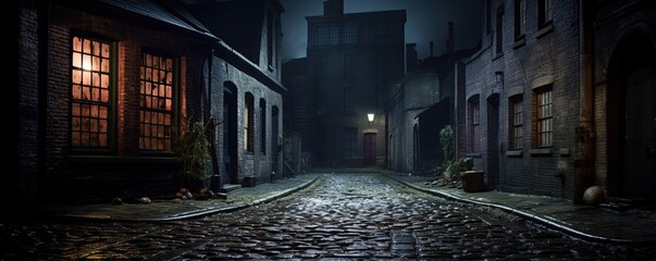 Dark and scary vintage cobblestone brick city alley at night in Chicago - obrazy, fototapety, plakaty