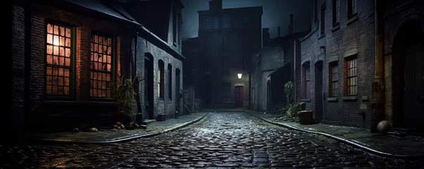 Rolgordijnen Dark and scary vintage cobblestone brick city alley at night in Chicago © Влада Яковенко