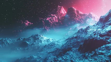 Gordijnen Futuristic Sci-Fi Mountain Landscape with Neon Glow © swissa