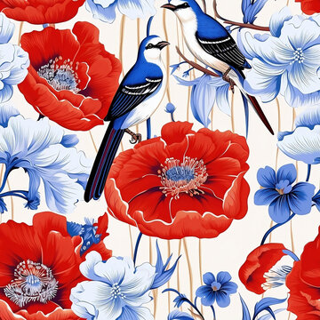 seamless chinoiserie image with birds and red and blue flowers 