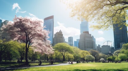 Obraz premium Park landscape with big city,Public park and high-rise buildings, 