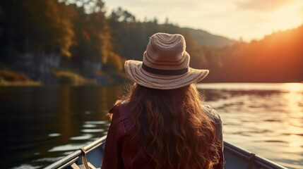 Rear view of woman  in boat on river with the morning sun shining, 