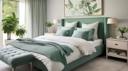 Jasna przytulna sypialnia w stylu glamour - mockup obrazu na ścianie. Zielone, szmaragdowe i białe kolory wnętrza. Render 3d. Wizualizacja	