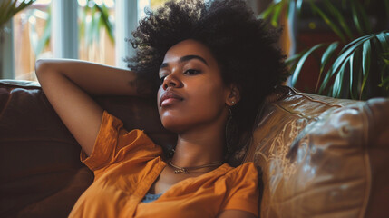 Young African American Woman Relaxing on Sofa at Home