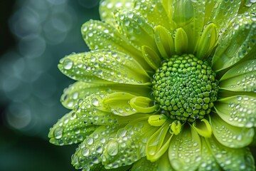 A close-up freshness of a green flower with dewdrops delicately placed on its petals