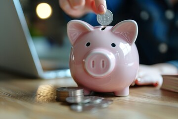 Person Investing in Savings with Piggy Bank and Coins