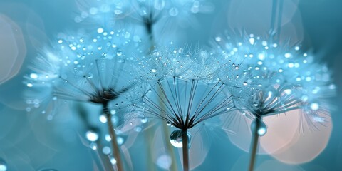 Serene Blue Dandelion Seeds with Dew Drops