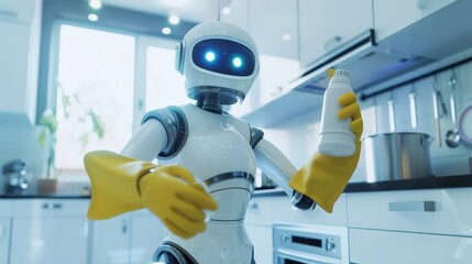 A futuristic white robot, representing artificial intelligence, assists in cleaning the kitchen, showcasing the future of household helpers