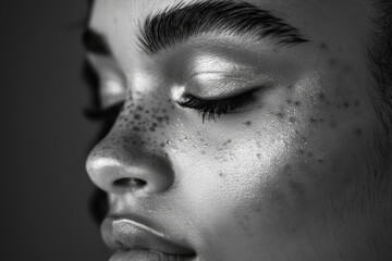 Close-up Portrait of a Woman with Freckles in Monochrome