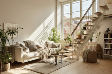 A minimalist Scandinavian loft apartment with soaring ceilings and beige-toned walls.