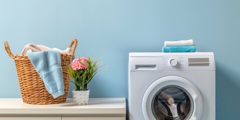 A washer machine and a laundry basket are placed next to each other on top of a counter, ready for a laundry session.