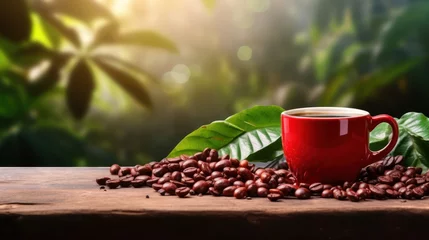 Foto op Plexiglas Red coffee mug and coffee beans around the mug, fresh coffee leaves  © CStock
