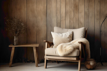HD image of a cozy chair surrounded by wooden elements in a beige interior, with an open frame for...
