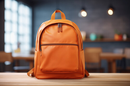 School backpack on the table in classroom