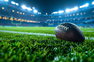 American football positioned on stadium grass with a backdrop of illuminated arena lights