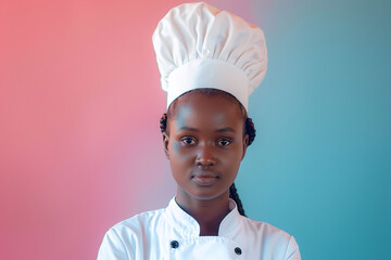 portrait of a chef, Woman in chef uniform with a colorful background. Studio culinary portrait. Cooking and hospitality industry concept. Design for culinary school brochure, restaurant advertisement