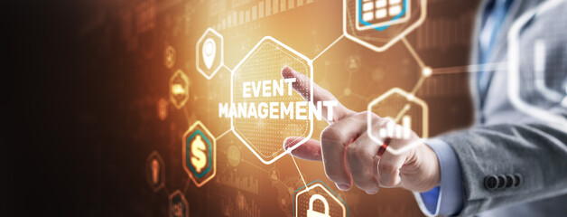 Businessman pressing on virtual screen and selecting Event Management