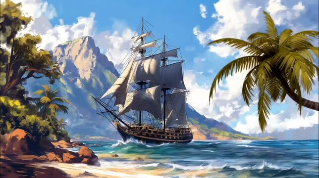 Pirate ship on the beach. Seamless looping time-lapse 4k video animation background
