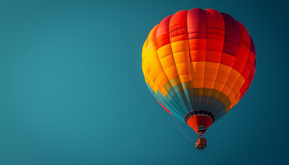 Fototapeta premium Colorful hot air balloon epic flying above beautiful landscape and ocean at sunrise with beautiful sky background High altitude aerial drone wide view