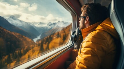 travel blogger look out of window of tourist train 