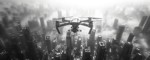 journey into the future of aerial technology with this monochrome exploration of drone flight. Against a backdrop of stark black and white