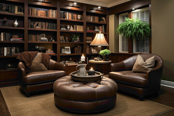 Inviting sitting area with a round wooden coffee table placed between a brown leather chair and ottoman, facing a cozy sofa. Floating shelves decorate the wall.