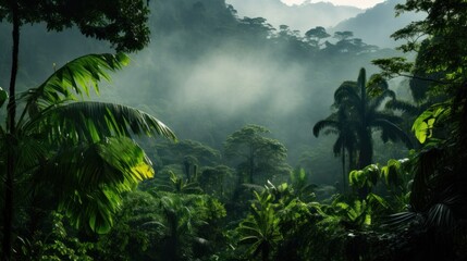 Landscape in the forest with beautiful rainy season, fog,Tropical rainforest with beautiful fog 