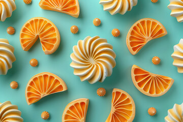 Fototapeta na wymiar Fresh orange slices and fluffy meringue on vibrant turquoise background, top view flat lay concept