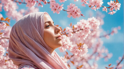 Muslim woman wears a traditional pink hijab and enjoys a peaceful moment between blooming sakuras in garden. Middle Eastern female smells flowers during spring or summer season