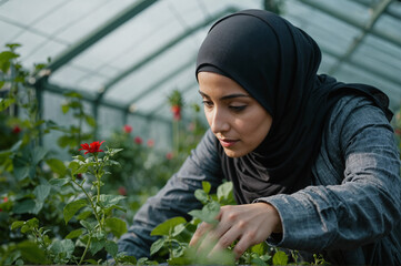 Muslim woman wearing a traditional black hijab and working in greenhouse with blooming roses - Powered by Adobe