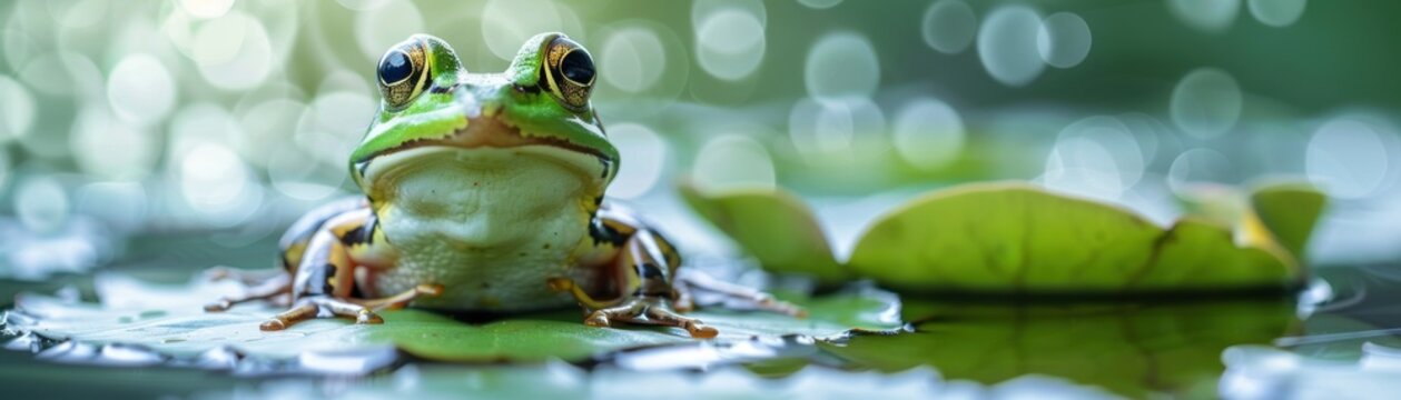 Vibrant Sounds of Nature's Music. Close-Up Music Lesson with a Cute Frog in its Green Pond Habitat