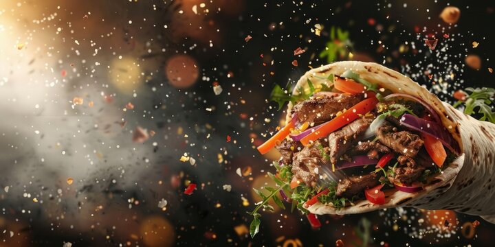 A burrito filled with meat and vegetables, overflowing and spilling its contents onto a plate.
