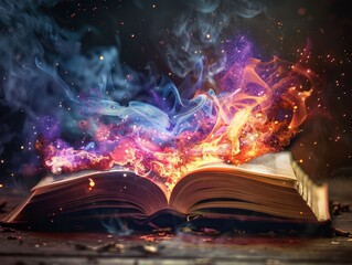 Dramatic Poetry Reading. Vibrant Expressions in Moody Atmospheres Evoking the Magic of Literature with Ethereal Smoke and Vintage Volumes - obrazy, fototapety, plakaty