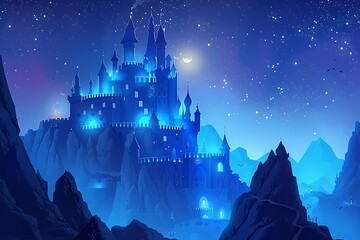 Fairy tale castle in the mountains at night cartoon