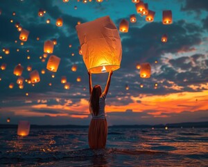Ethereal Lantern Release. Whimsical Skies Releasing Dreams and Wishes into the Vibrant Canopy of the Celestial Realm
