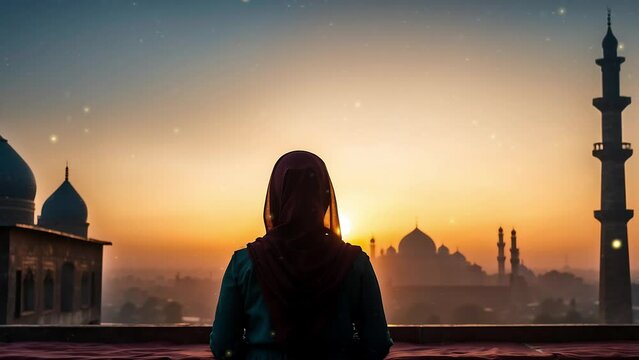 dark silhouette of young Muslim woman praying against the backdrop of a beautiful sunrise and mosque
