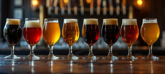 Table Set with an Array of Craft Beers in Moody Hues - obrazy, fototapety, plakaty