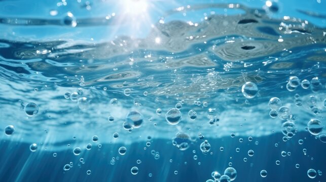  underwater ,Lots of air bubbles float in the blue water 