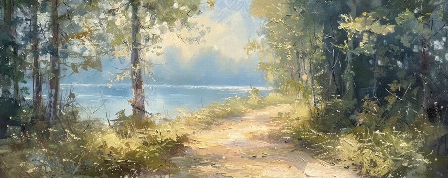 Painting of a Serene Hiking Adventure. Immersing in the Beauty of Nature's Canvas with Every Step