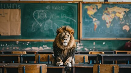 Minimalist Classroom with a Lion as the Teacher. Embracing Nature's Wisdom and Strength in Learning